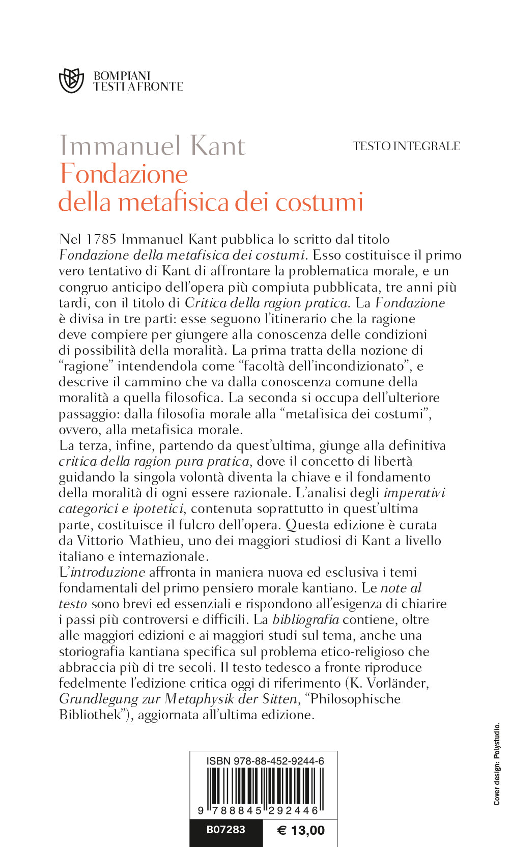 Fondazione della metafisica dei costumi::Testo tedesco a fronte