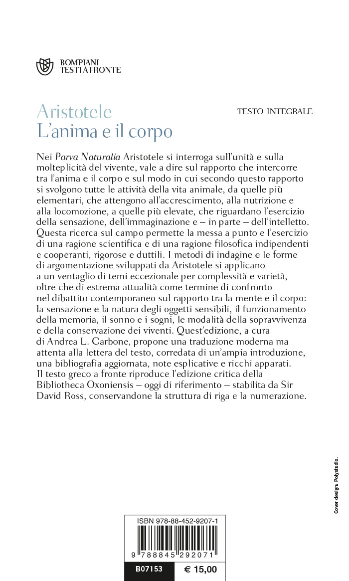 L' anima e il corpo - Parva Naturalia::Testo greco a fronte