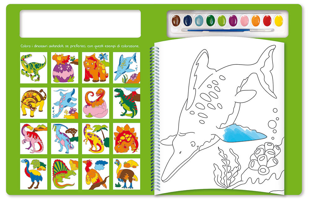 Colora con gli acquerelli - I dinosauri::Con modelli colorati da ricopiare - Con pennello e 10 pastiglie d'acquerello