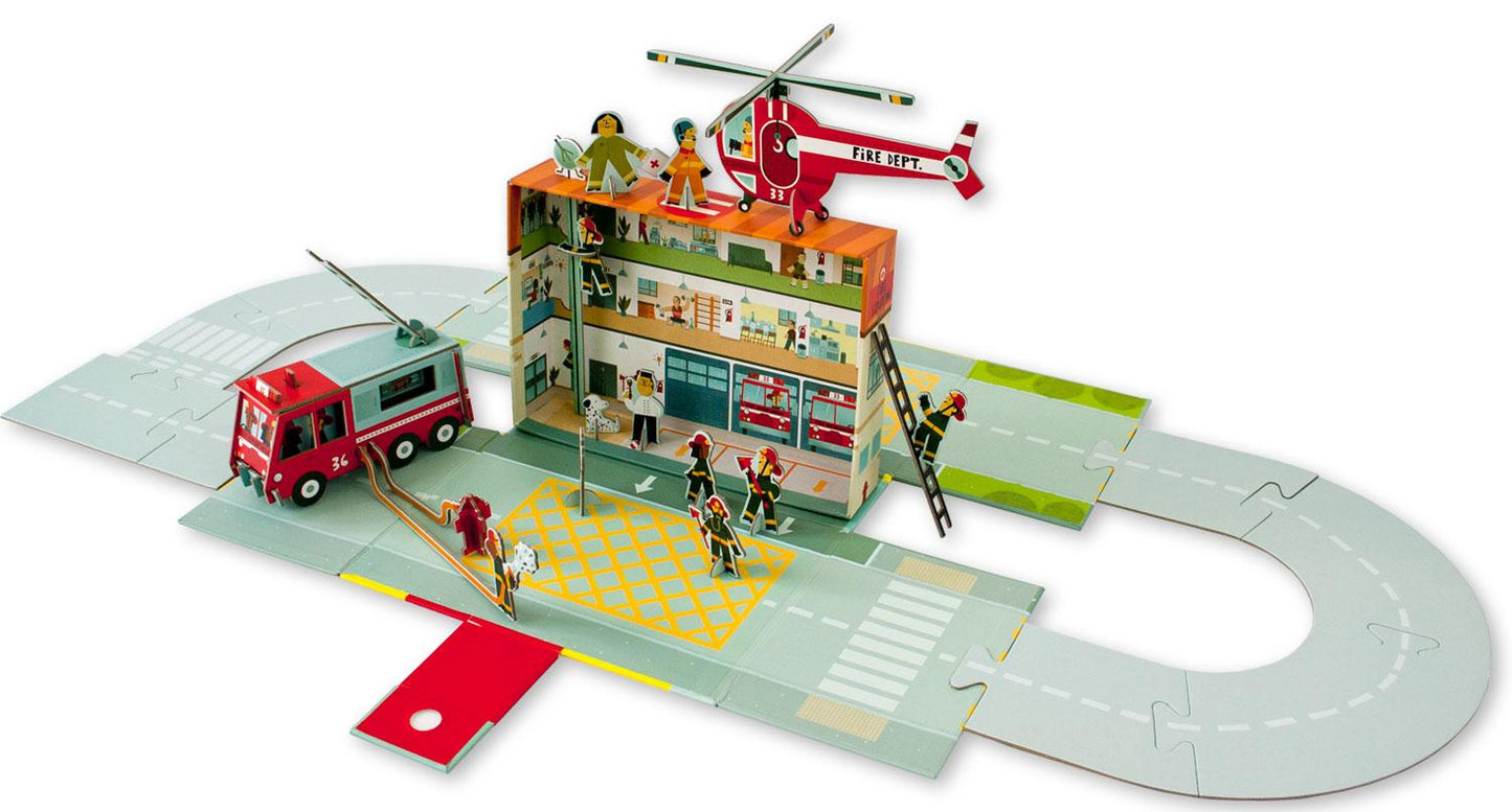 La stazione dei pompieri::La squadra di soccorso entra in azione! Contiene: libro di 32 pagine, stazione-scenario, modellini da staccare e assemblare