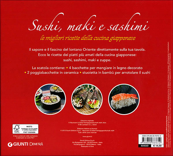 Sushi, maki e sashimi::Le migliori ricette della cucina giapponese - Con 4 bacchette per mangiare in legno decorato, 2 poggiabacchette in ceramica, stuoietta in bambù per arrotolare il sushi