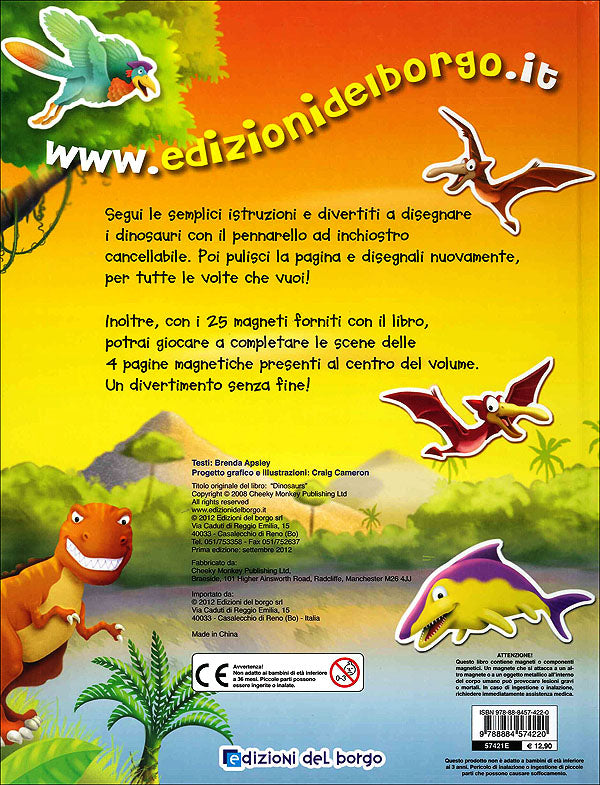 Dinosauri::Disegna con il pennarello cancellabile. Gioca con i 25 magneti