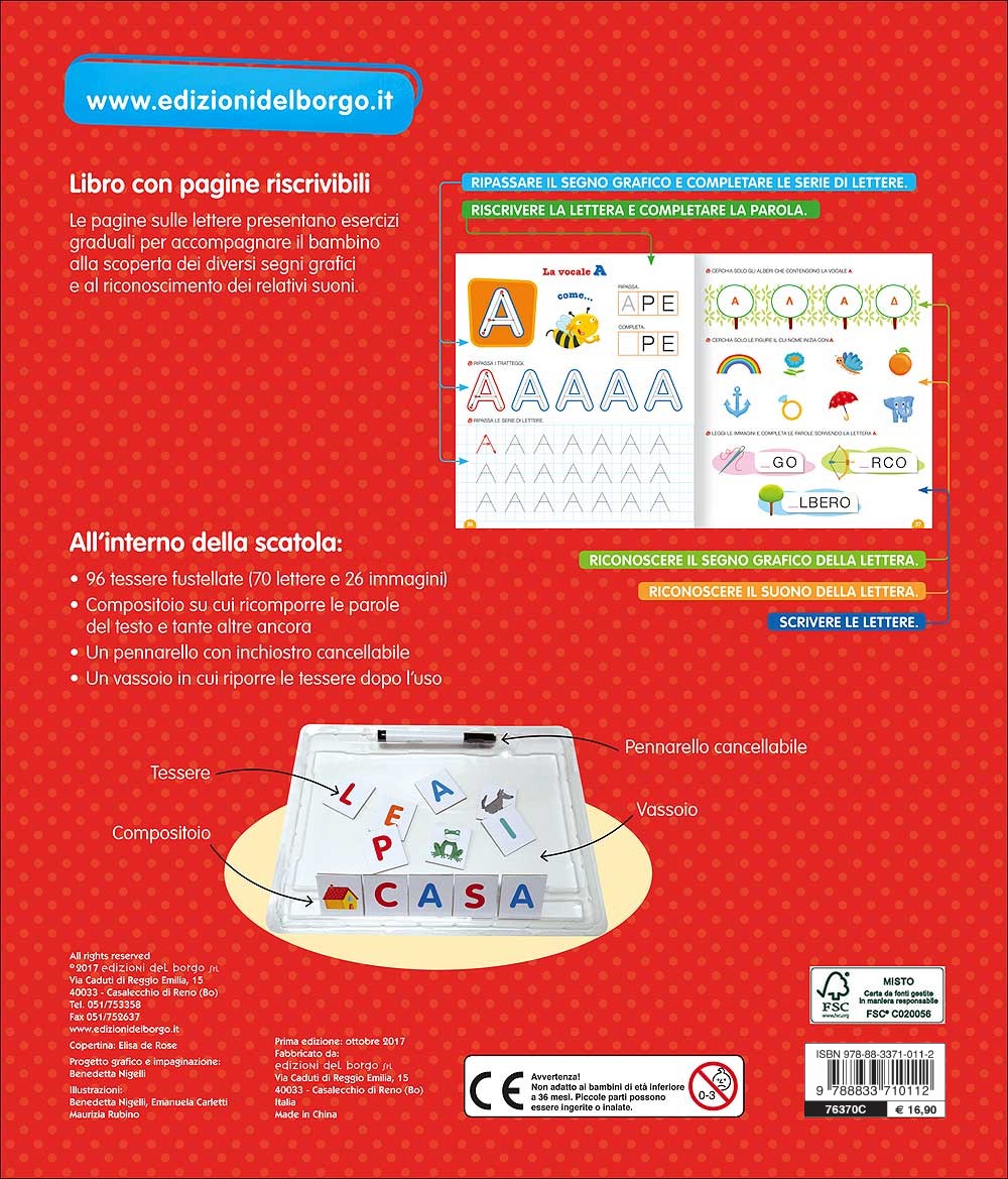 Dalle lettere alle parole::All'interno del kit: - Un libro con le pagine riscrivibili - 96 tessere fustellate per ricomporre tante parole utilizzando l'apposito compositoio - Un pennarello con inchiostro cancellabile