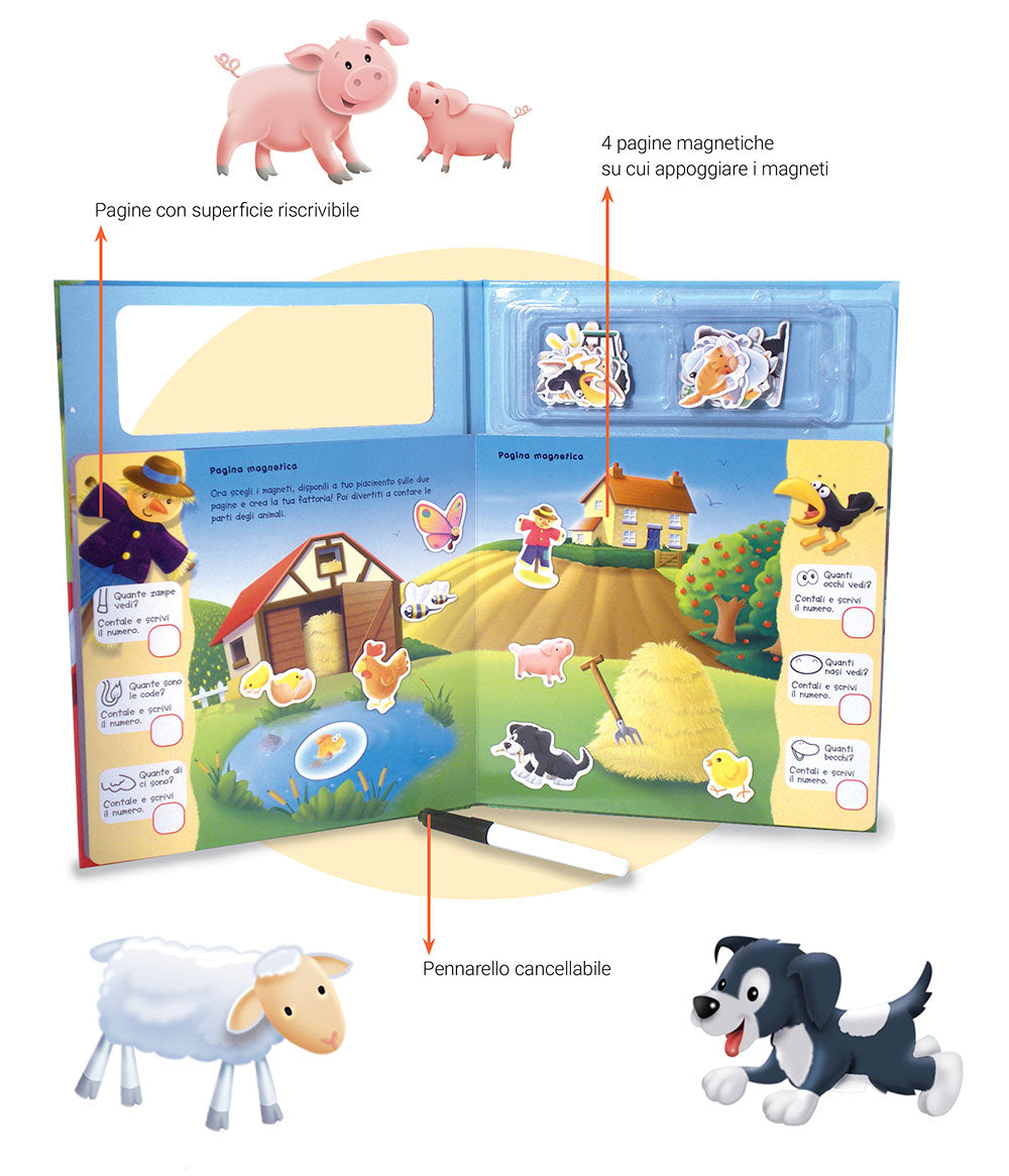 Animali della fattoria::Disegna con il pennarello cancellabile - Gioca con i 35 magneti