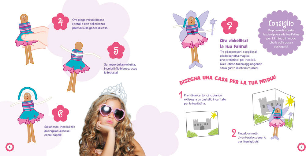 Bamboline fai da te::Con 3 mollette di legno, 2 fiori, 22 lustrini, fili colorati e colla