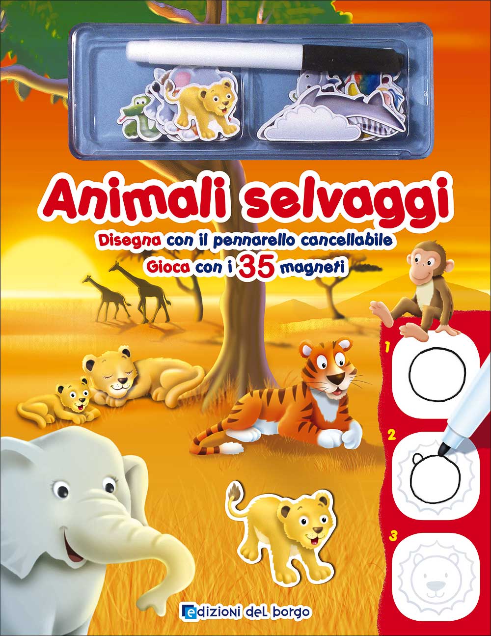 Animali selvaggi::Disegna con il pennarello cancellabile - Gioca con i 35 magneti