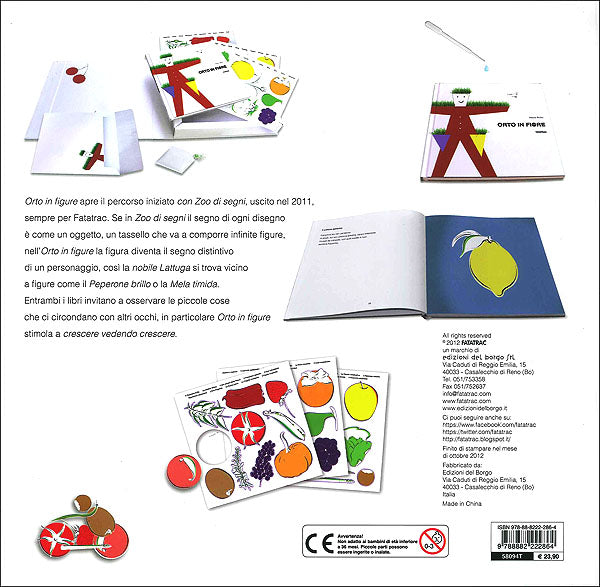 Orto in figure::La scatola contiene: un volume, stickers elettrostatici per comporre le figure, un contagocce, una bustina di semi, fustelle da incollare per creare uno spaventapasseri, vaso per piantare i semi