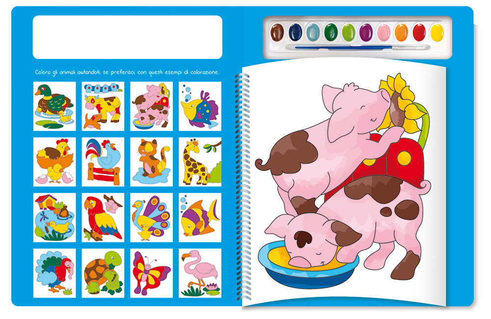 Colora con gli acquerelli - Gli animali::Con modelli colorati da ricopiare - Con pennello e 10 pastiglie d'acquerello