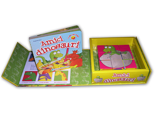 Amici dinosauri::I libri dei cubi. All'interno uno splendido libro cartonato e nove cubetti con cui i bambini si divertiranno a ricostruire i personaggi della storia!