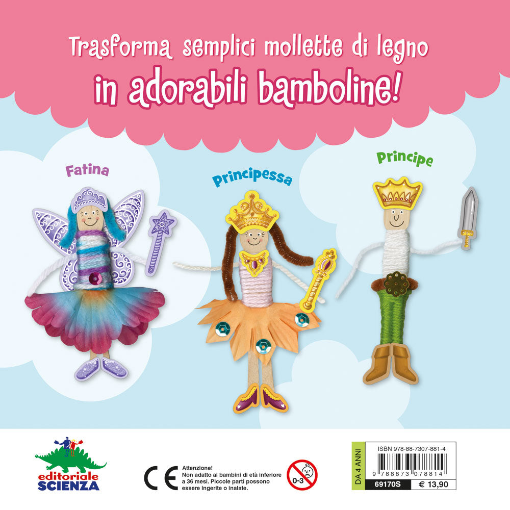 Bamboline fai da te::Con 3 mollette di legno, 2 fiori, 22 lustrini, fili colorati e colla