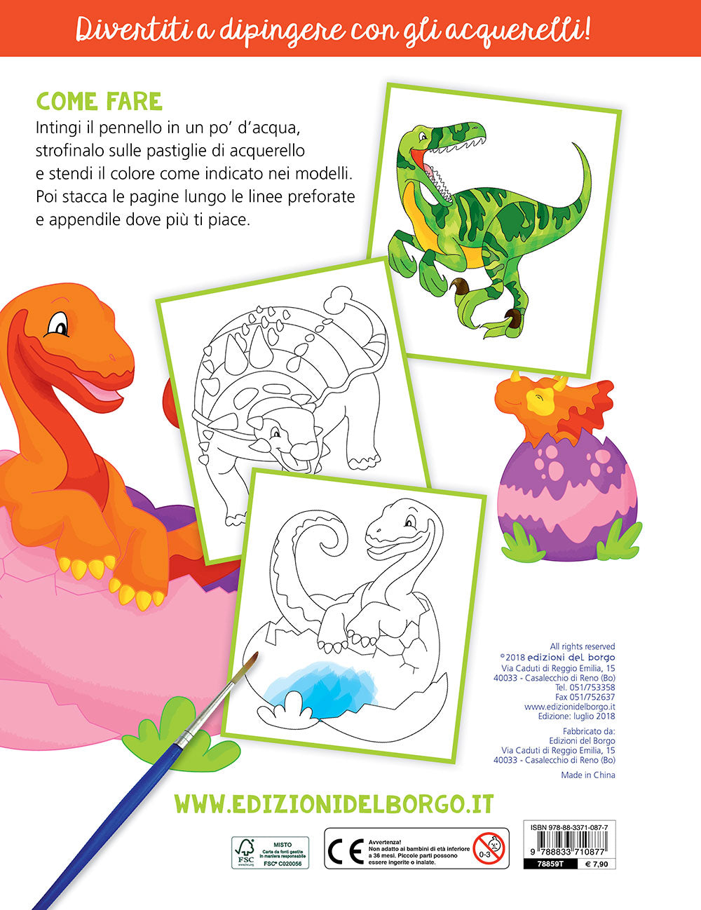 Colora con gli acquerelli - I dinosauri::Con modelli colorati da ricopiare - Con pennello e 10 pastiglie d'acquerello