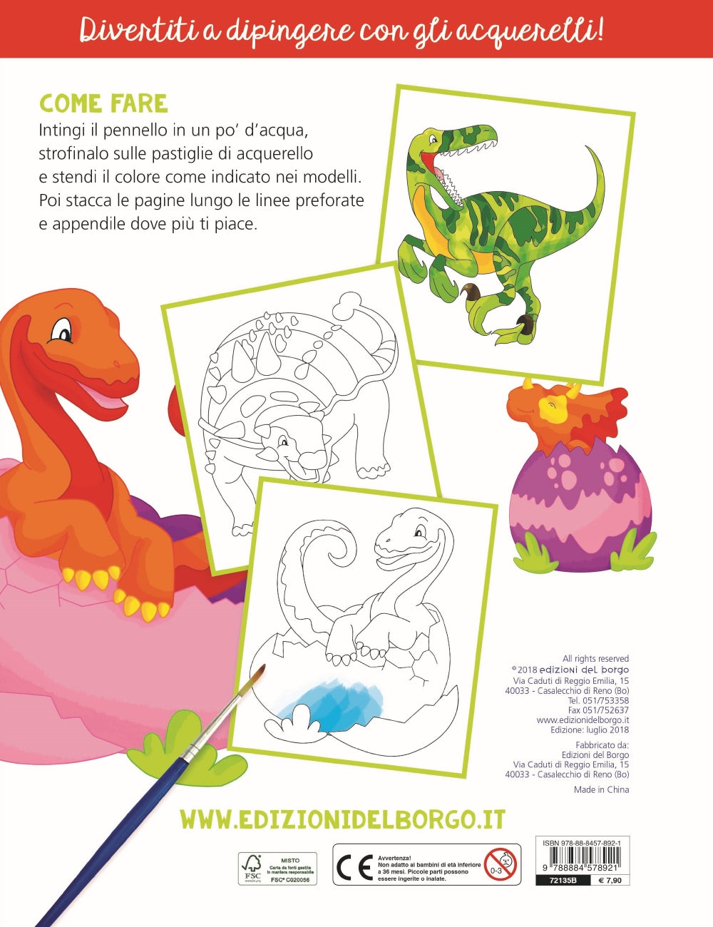 Colora con gli acquerelli - I dinosauri::Con modelli colorati da ricopiare - Con pennello e 10 pastiglie d'acquerello