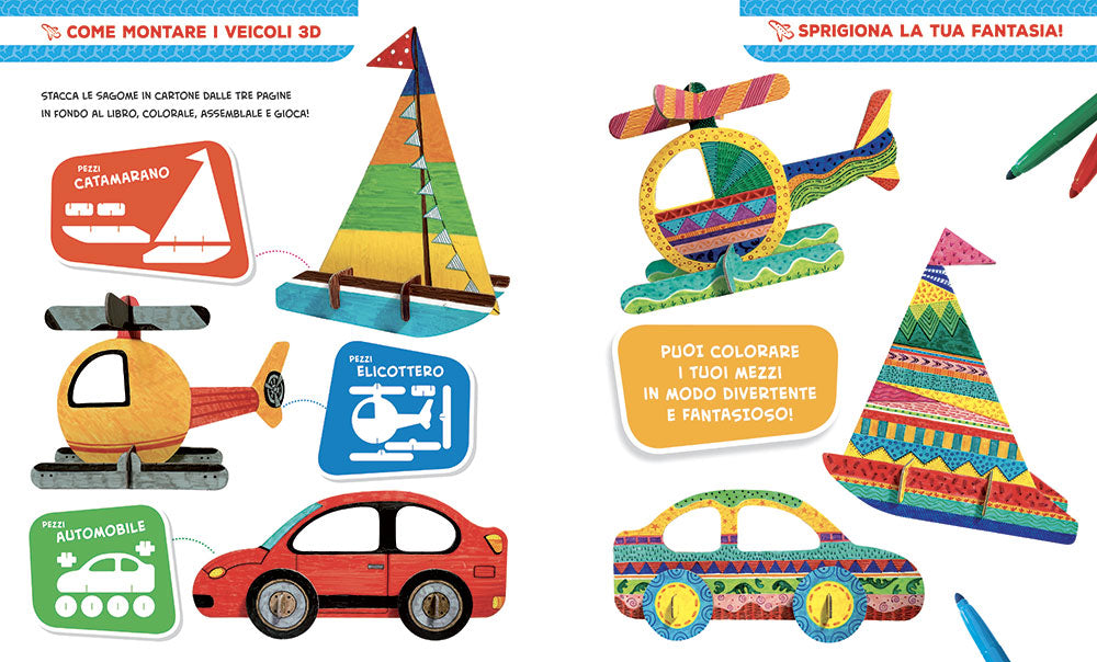 Colorare in 3D - Veicoli::Tante pagine da colorare - 5 soggetti da costruire