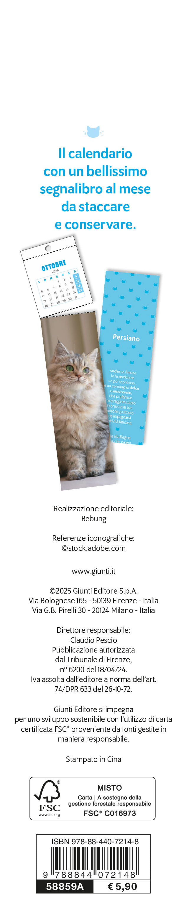 CALENDARIO GATTI CURIOSI 2026 segnalibro (5,5 X 24,5 cm)