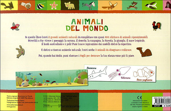 Animali del mondo::8 grandi ambienti naturali da completare e 24 animali da colorare - 400 stickers di animali riposizionabili!