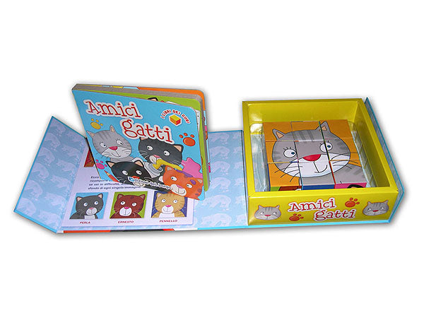 Amici gatti::I libri dei cubi. All'interno uno splendido libro cartonato e nove cubetti con cui i bambini si divertiranno a ricostruire i personaggi della storia!