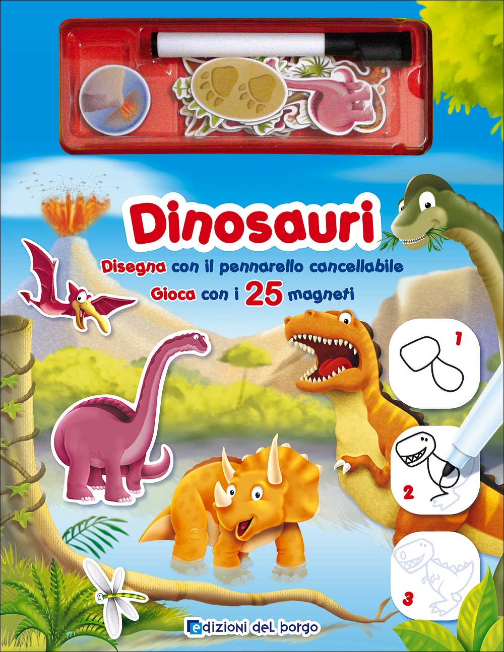 Dinosauri::Disegna con il pennarello cancellabile - Gioca con i 25 magneti