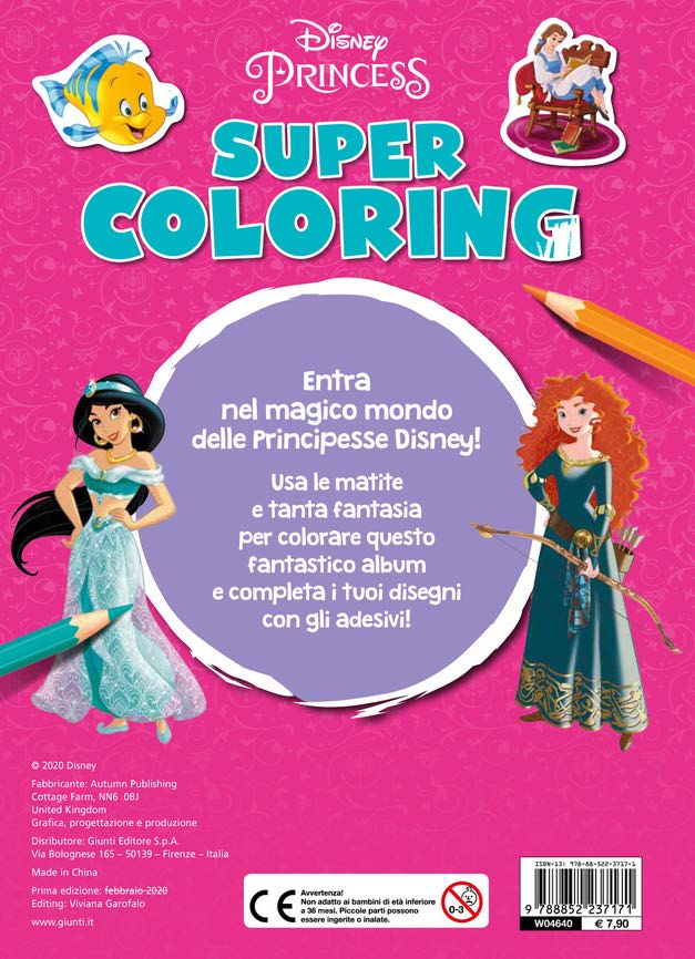 Super Coloring DIsney Princess con 8 matite colorate::Con più di 80 adesivi e 40 pagine da colorare