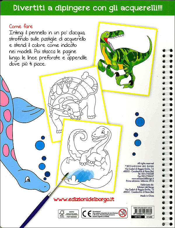 Colora con gli acquerelli - I dinosauri::Con modelli colorati da ricopiare - Con pennello e 10 pastiglie d'acquerello