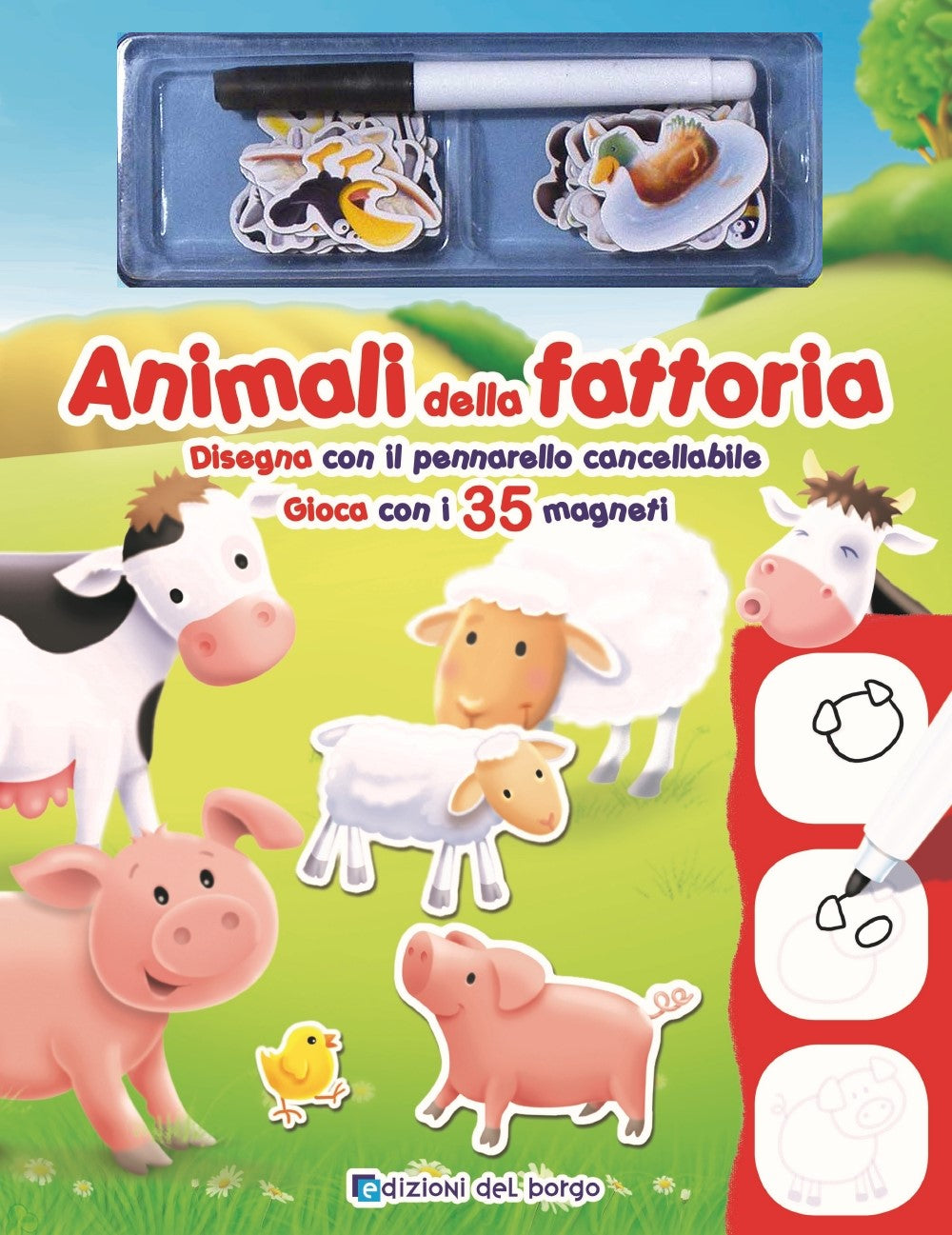 Animali della fattoria::Disegna con il pennarello cancellabile - Gioca con i 35 magneti