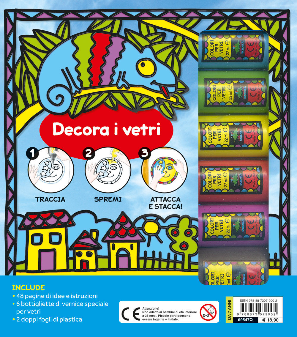 Vetri artistici::Crea decorazioni rimovibili - Include: 48 pagine di idee e istruzioni, 6 bottigliette di vernice speciale per vetri, 2 doppi fogli di plastica