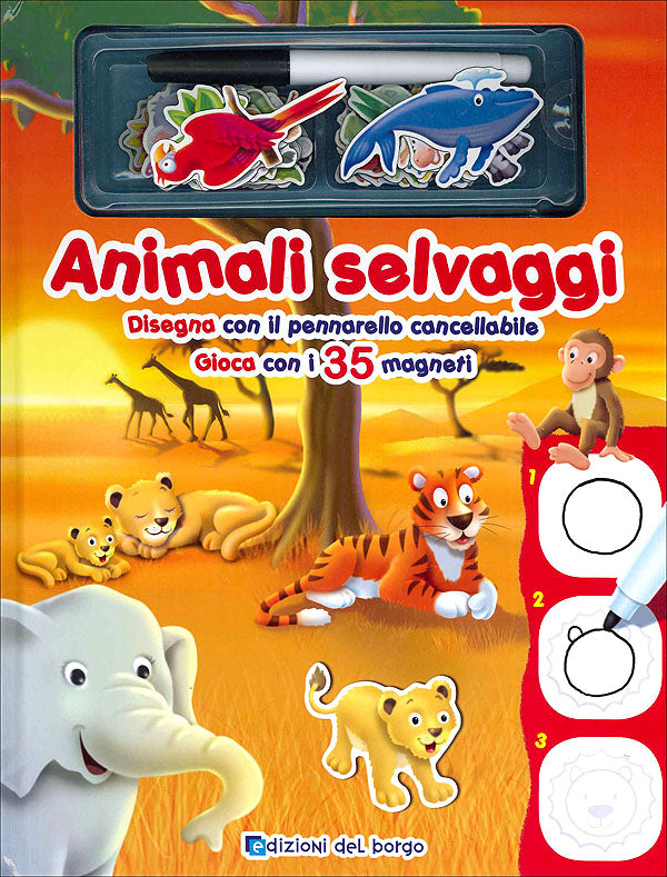 Animali selvaggi::Disegna con il pennarello cancellabile. Gioca con i 35 magneti