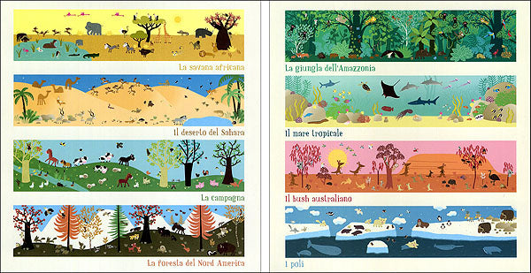 Animali del mondo::8 grandi ambienti naturali da completare e 24 animali da colorare - 400 stickers di animali riposizionabili!