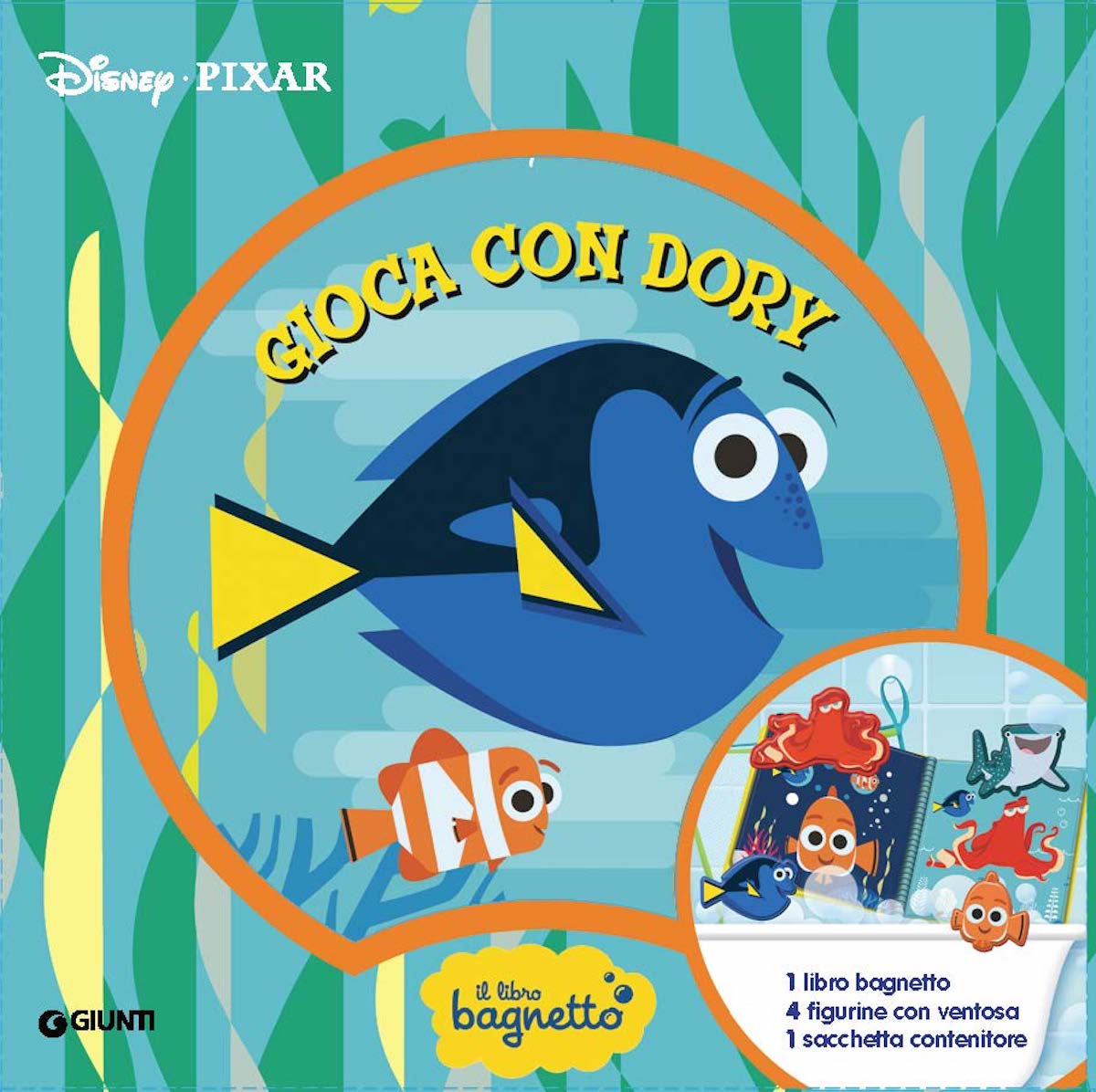 Libro bagnetto Gioca con Dory - Disney/Pixar::1 libro bagnetto, 4 figurine con ventosa, 1 sacchetta contenitore